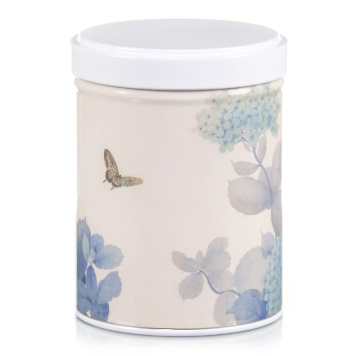 Illustrated and stackable tea tin Hydrangeas