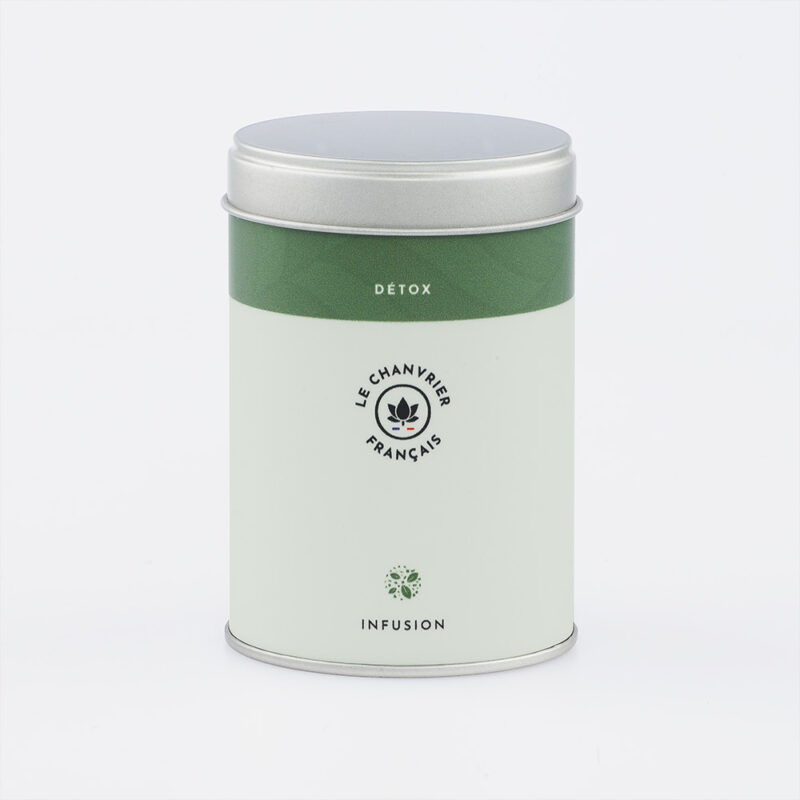 Personnalisation boîte à thé 50g pour un client dans le domaine du CBD.
